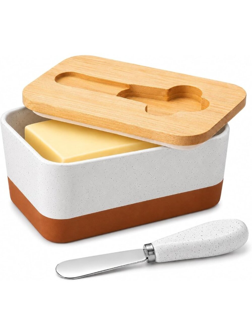 Ceramic Butter Dish with Lid & Knife, Large Countertop Keeper, White, Bamboo Top